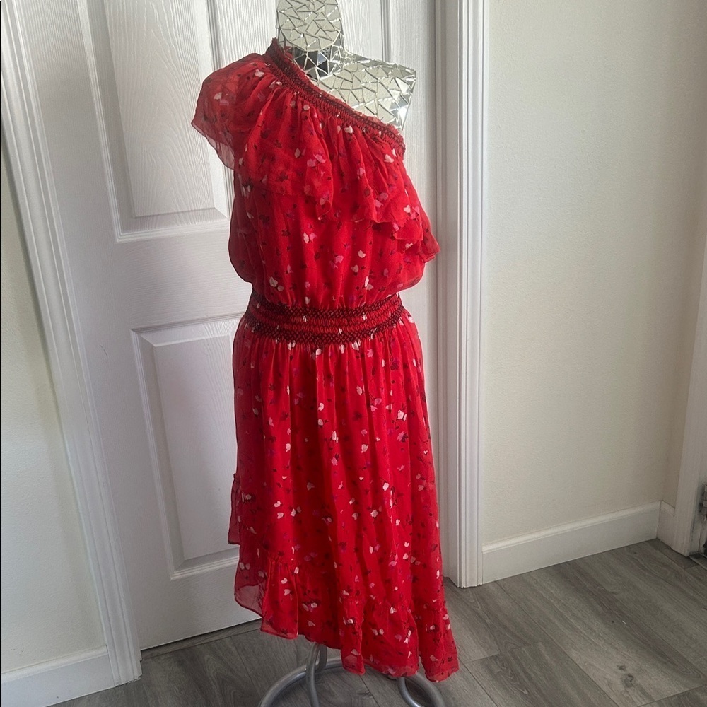 JOIE Red Silk One-Shoulder Midi Dress S